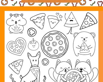 Pizza Coloring Pages for Girls and Boys, 12 Cute Food Colouring Sheets, Printable Color Pages, Pizza Party Activity Favors, Instant Download