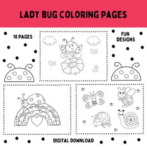 Ladybug Coloring Pages For Girls and Boys, 18 Printable Color Pages for Kids, Cute Colouring Sheets, Easy Coloring, Instant Download