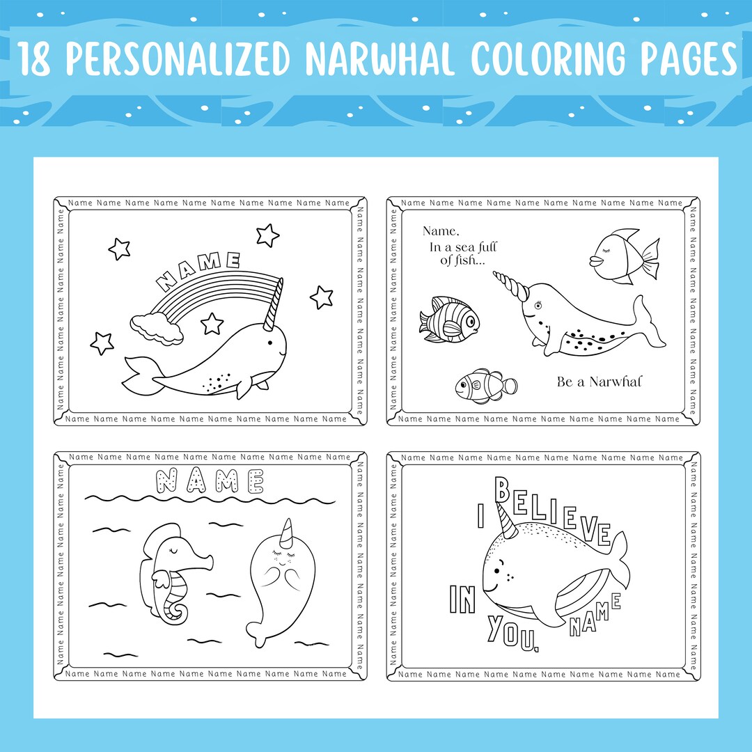 Personalized Narwhal Coloring Pages for Girls and Boys, 18 Cute