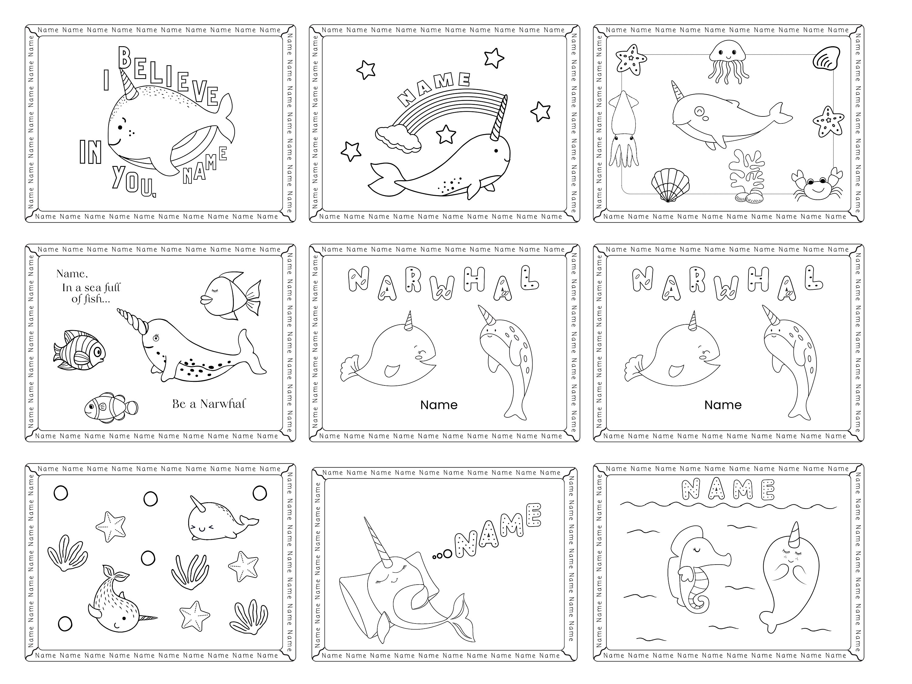 Personalized Narwhal Coloring Pages for Girls and Boys, 18 Cute