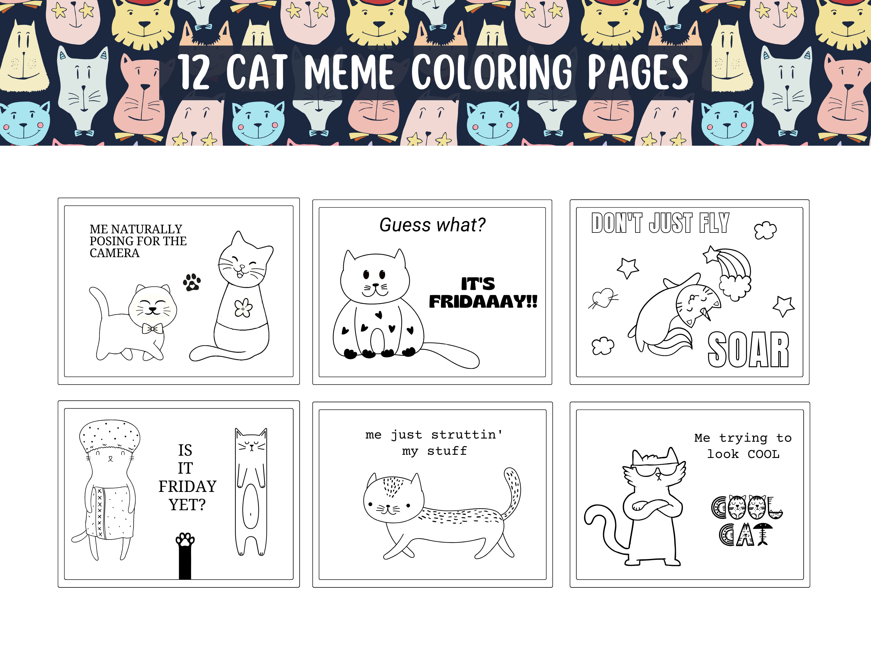 Cat Memes Coloring Pages for Girls and Boys, 12 Printable Color Sheets