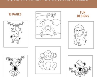 Paquete de páginas para colorear de monos imprimibles, 13 lindas imágenes en color, hojas para colorear digitales, descarga instantánea
