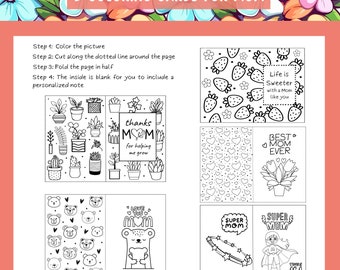 Mother's Day Coloring Cards: 5 DIY Printable Greeting Cards (Instant Download)
