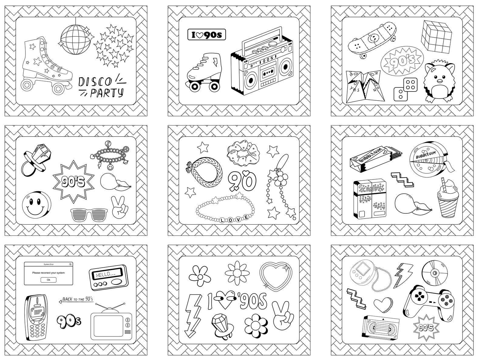 Nostalgic 90s Coloring Pages PDF Download, Retro Doodle Art Printables