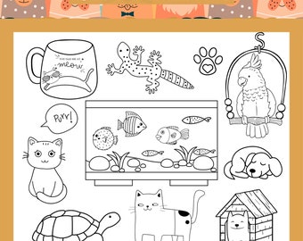 Animaux de compagnie mignons à colorier, 18 feuilles à colorier, pages couleur imprimables, feuilles à colorier pour enfants : chiens, chats, poissons et furets, téléchargement immédiat