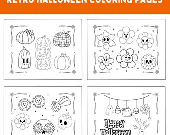 レトロなハロウィンぬりえ、キュートで不気味なデザイン（即時ダウンロード）