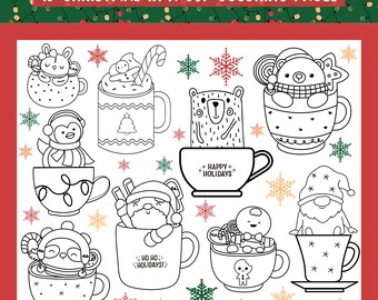 Weihnachten im Becher Ausmalbilder: 15 Winter Ausmalbilder (Instant Download)