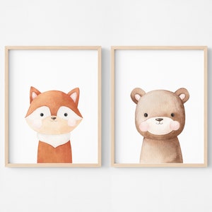 Duo-Poster für das Waldbabyzimmer, Fuchs und Bär als Wanddekoration, niedliches Tierposter, Kinderillustrationen mit Naturmotiven