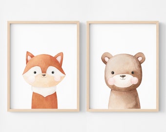 Set med två skogstema-posters för ett barnrum: väggkonst med räv och björn, söta djurposters, naturtema-illustrationer för barn