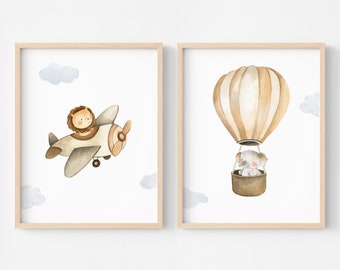 Lot 3 Affiches Ours Avion Bébé Garçon 30x40cm - Décoration Chambre Enfant - Sans Cadre
