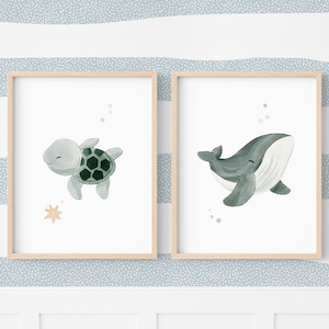 Conjunto de 2 carteles de animales marinos para habitación infantil del océano, decoración de pared marina para bebé, cartel de tortugas marinas y ballenas