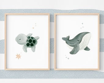 Set med 2 posters med havsdjur för barnrum med havstema, marin väggdekoration för bebis, poster med havssköldpadda och val