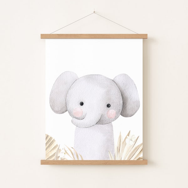 Affiche savane enfant pour décoration chambre fille ou garçon, illustration éléphant déco jungle, idée cadeau de naissance parents