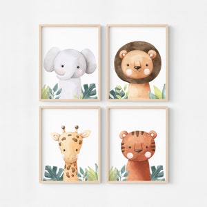 Dschungel-Kinderzimmer-Poster, Illustration für Savannen-Tierrahmen, Giraffen-Löwen-Tiger und Elefanten-Poster, Safari-Dekoration
