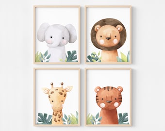 Jungle children's room poster, illustration for savannah animal frame, giraffe lion tiger and elephant poster, safari decoration