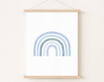 Affiche arc en ciel chambre enfant bleu, décoration murale bébé ou garçon couleurs pastels, cadeau parents naissance