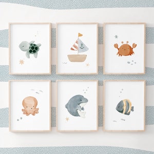 Set di 6 poster a tema marino per la cameretta dei bambini, decorazione da parete per neonati in stile oceano, poster di animali marini per cornici