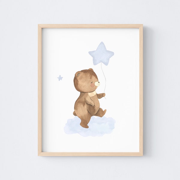 Affiche ourson et étoiles pour chambre bébé bleue, poster ours déco thème nuit et nuage, tableau mignon décor garçon