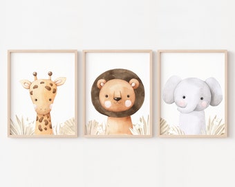 Set of 3 savannah-themed posters for a child's room, watercolor illustration of jungle animals, elephant, lion, and baby giraffe on safari