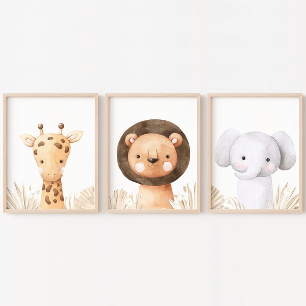 Lot de 3 affiches décoration savane chambre d'enfant, illustration aquarelle animaux de la jungle, éléphant lion et girafe bébé safari