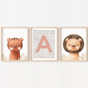 Decoración de pared de habitación infantil personalizada con inicial, póster de bebé con león y tigre