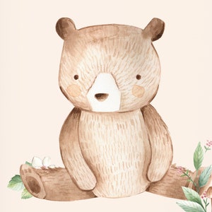 May include: A watercolor illustration of a brown bear sitting on a log with green leaves and pink flowers in the background.