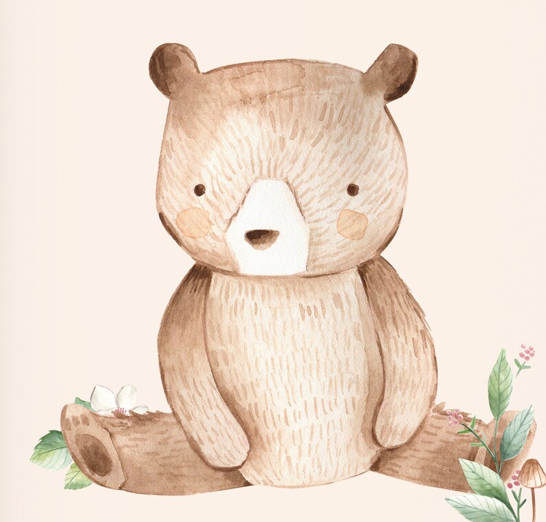 May include: A watercolor illustration of a brown bear sitting on a log with green leaves and pink flowers in the background.