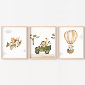 Poster a tema savana per la camera del ragazzo, set di 3 poster safari decorazione avventura, illustrazione leone giraffa zebra e scimmia