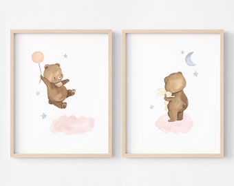Bear nursery wall Art, Baby girl gift, Playful decoration for kids, brown and pink printable, Cute print with happy vibe