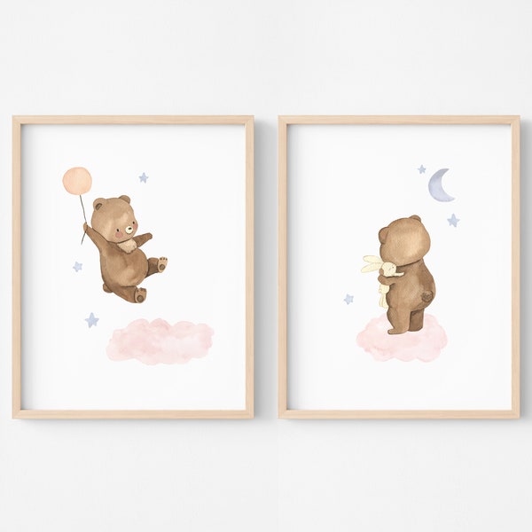 Affiche décor chambre petite fille, décoration ourson, illustration enfant aquarelle