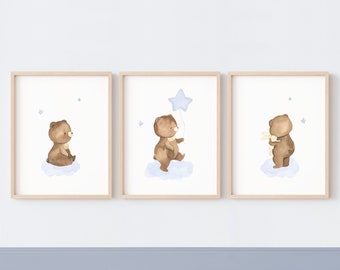 Set de 3 affiches ourson et étoiles pour chambre bleue, déco bébé thème ours et nuages, poster garçon décor mural nuit