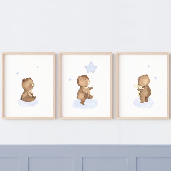 Set de 3 affiches ourson et étoiles pour chambre bleue, déco bébé thème ours et nuages, poster garçon décor mural nuit