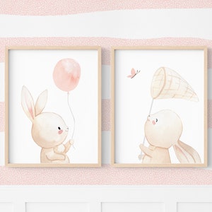 Decoración de carteles de conejo para habitación infantil, póster de conejo bebé para decoración de pared bonita, ilustración de acuarela con tema rosa