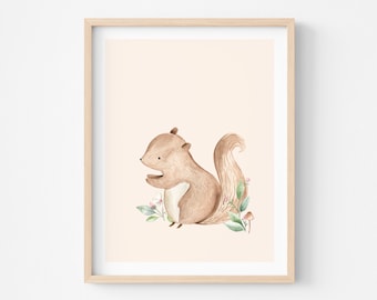Ekorreposter för barnrum, skogsdjur, poster med små skogsdjur, söt babyillustration, 21x30 och 30x40 cm