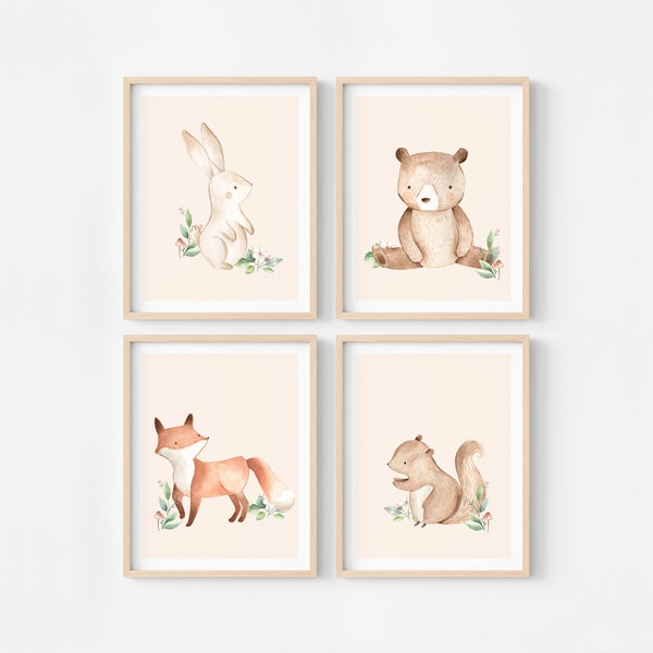 Affiches bébé thème forêt déco enfant, tableau ours lapin renard et écureuil pour cadres animaux des bois, posters mignons