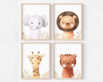 Wall decoration elephant lion giraffe and tiger, posters for frame jungle animals, baby poster illustration children's room savannah