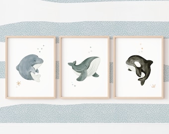 Illustrationer med havstema för att inreda ett barn- eller babyrum, set med 3 posters med havsdjur, poster med valar och delfiner