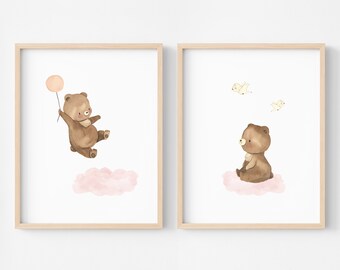 Joyful bear cub nursery wall art, Brown and pastel hues printable, Dreamy print for happy themed room, Playful poster with bears