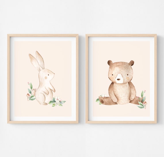 Illustration chambre bebe foret pour cadres animaux des bois, affiche ourson mignon, poster ours et lapin décoration murale enfant