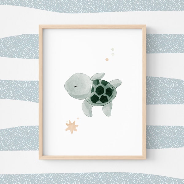 Affiche tortue de mer pour chambre thème océan, poster bébé décoration marine, aquarelle enfant animal marin