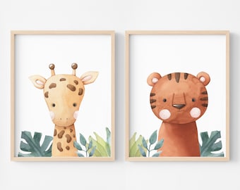 Affiche jungle enfant pour décoration chambre bébé, tableau girafe et tigre, animaux mural pour déco safari, illustration imprimé savane