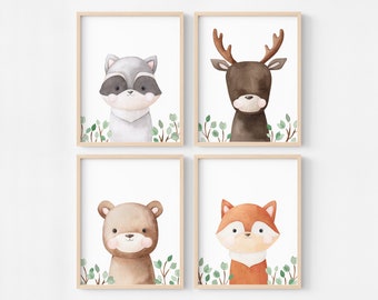 Décoration murale de la forêt, animaux mignons des bois, décoration enfant thème nature, poster ours cerf renard