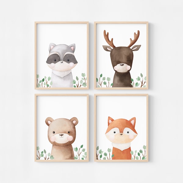 Décoration murale de la forêt, animaux mignons des bois, décoration enfant thème nature, poster ours cerf renard