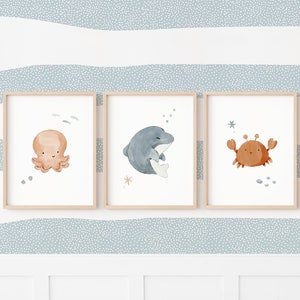 Set de 3 carteles de animales marinos para decoración del océano, ilustración para dormitorio con temática marina, regalo de nacimiento