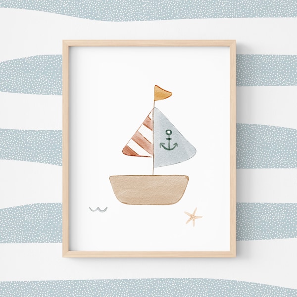 Affiche bateau pour chambre thème mer, poster enfant décoration océan, illustration voilier pour déco bébé marine