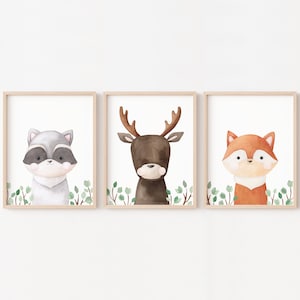 Conjunto de 3 carteles de animales del bosque, decoración de tema de la naturaleza, decoración de la habitación de los niños del bosque