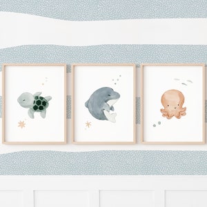 Poster zum Thema Ozean für die Dekoration von Babyzimmern, Kinderposter mit Meerestieren, Illustration von Schildkröten, Delfinen und Krabben