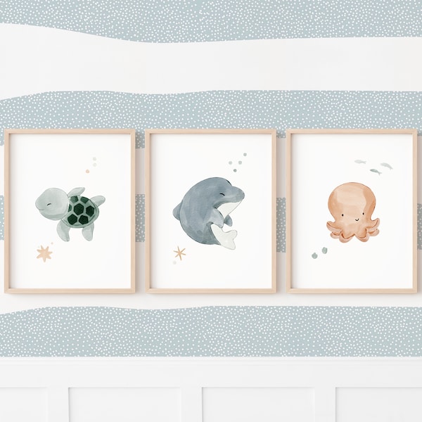 Posters thème océan pour décoration chambre de bébé, affiches enfant animaux de la mer, illustration tortue dauphin et crabe
