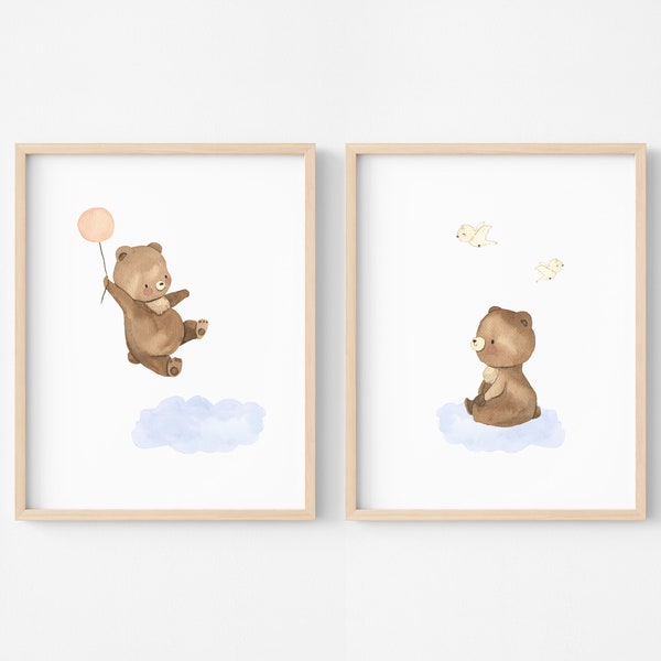 Illustration enfant animaux, décoration ours pour chambre de garçon, affiche ourson pour bébé