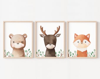 Poster bébé animaux de la forêt, décoration thème la nature, chambre déco des bois, affiche renard ours et cerf pour cadres enfants